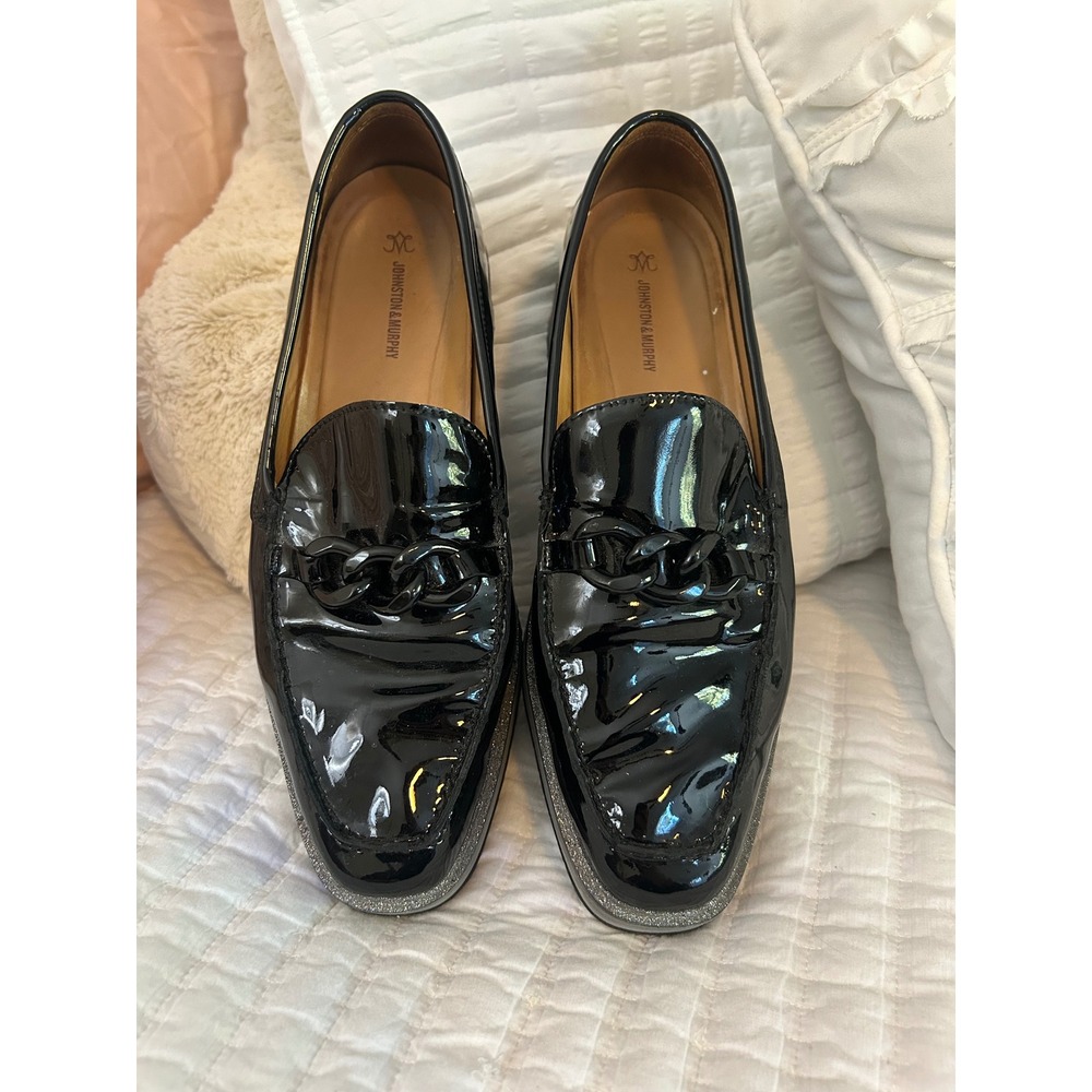 JOHNSTON & MURPHY Women's Black Patent Chain‎ Loafer Platform Glitter Shoes 9.5M